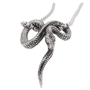 Retro silver snake pendant necklace for men with detailed scales and a metallic chain