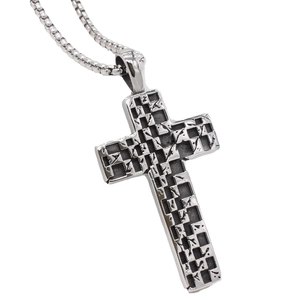 Vintage checkered mosaic cross pendant in stainless steel with a silver box chain