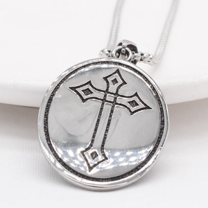 Retro gothic silver steel round pendant with black cross relief on a snake chain necklace
