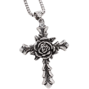 Retro gothic silver cross necklace with rose flower pendant and steel box chain