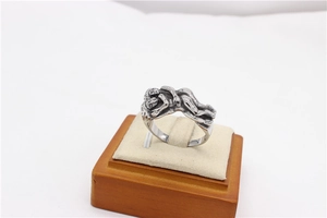 Macro shot of retro silver embrace ring showing artistic sculptural couple detail