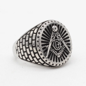 Vintage stainless steel Freemasonry ring with square compass G symbol and brick texture
