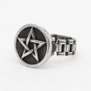 Men's Vintage Pentagram Star Titanium Steel Ring Gothic Punk Industrial Chain Band Ring Retro Oxidized Silver Color Jewelry