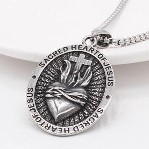 Vintage silver Sacred Heart of Jesus oval pendant necklace with cross and bead chain