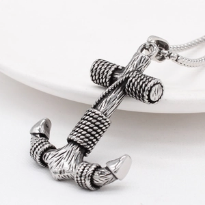 Vintage anchor cross pendant necklace with wood texture and rope details for men