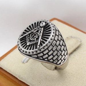 Retro Masonic stainless steel ring for men featuring silver G compass square design