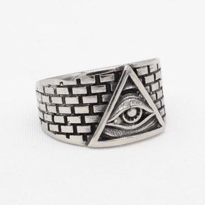 Vintage silver men's ring featuring the All-Seeing Eye and brick texture on stainless steel