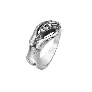 Artistic vintage silver ring featuring a nude female silhouette with an oxidized finish