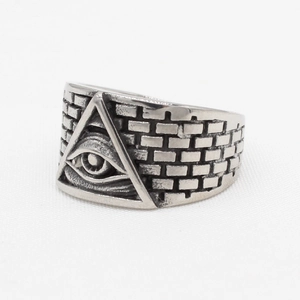 Vintage stainless steel signet ring with Egyptian Eye of Providence on brick pattern