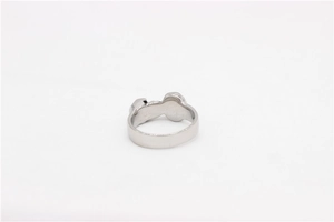 Detailed top view of a silver titanium steel skull ring with minimalist triple circle design
