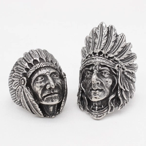 Vintage Native American Indian Chief Head Ring For Men Titanium Steel Punk Rock Biker Ring Antique Silver Ethnic Jewelry