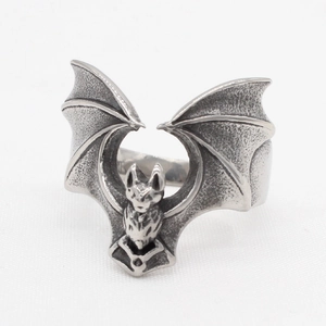 Vintage gothic bat ring in stainless steel with an antique silver finish for men