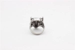 Detailed close-up of a vintage Direwolf head ring made of durable silver titanium steel
