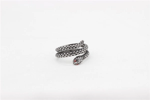 Macro detail of vintage snake ring showing red gemstone eyes and scale textures