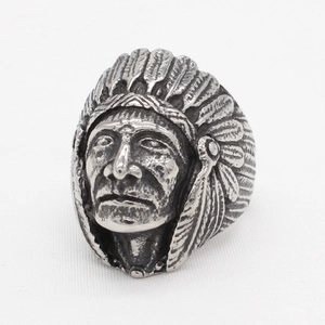 Vintage steel ring for men featuring detailed Native American chief head carving