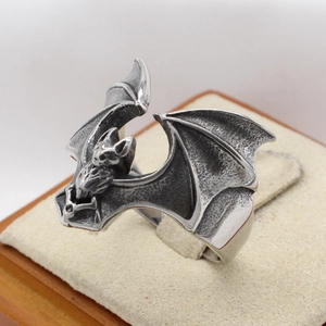 Vintage bat wing stainless steel ring with gothic dark silver finish for men