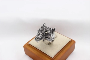 Macro shot of silver-toned direwolf ring with intricate Celtic knot patterns and vintage finish