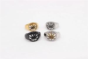 Detailed set of four hollow maple leaf rings in gold, silver, black and dual-tone finishes