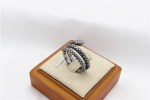 Detail of vintage silver snake ring with scale texture and red gemstone eyes