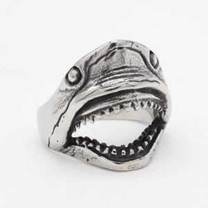 Vintage shark mouth titanium steel ring with antique silver finish and detailed teeth carvings