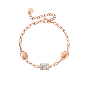 Detail of rose gold titanium bracelet with emerald-cut zircon and adjustable clasp