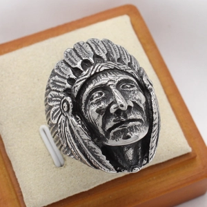 Vintage stainless steel Indian chief ring for men featuring detailed feather headdress