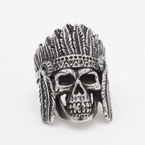 Retro Men Titanium Steel Ring Gothic Indian Skull Head Feather Distressed Biker Punk Fashion Jewelry Accessory Gift