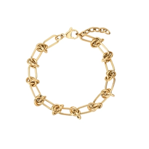 Détail du bracelet à maillons en acier titane doré avec nœuds et fermoir mousqueton
