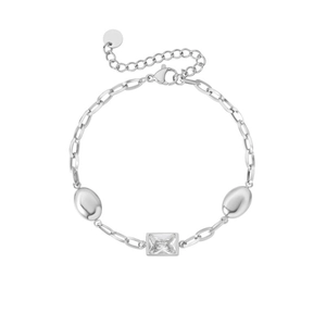 Detailed macro view of silver titanium steel bracelet with rectangular zircon stone