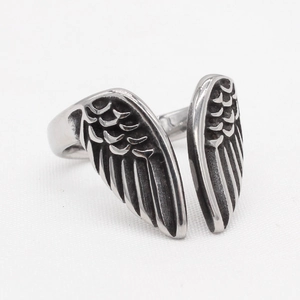 Vintage angel wing stainless steel open ring for men with detailed feather texture