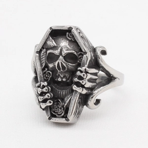 Vintage silver skull coffin ring for men with rose and skeletal claw engravings