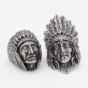 Retro vintage Indian chief stainless steel biker ring with feather headdress design