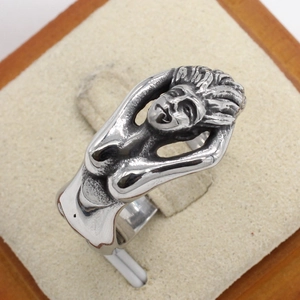Vintage silver Medusa head steel ring with detailed sculpture art for men