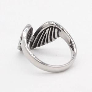 Vintage angel wing stainless steel open ring for men with oxidized silver finish details