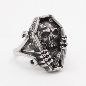 Vintage Gothic stainless steel coffin ring with skull and rose motifs in antique silver finish