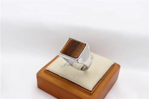 Detailansicht eines silbernen Siegelrings mit quadratischem Tigerauge-Stein auf Display