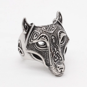 Vintage stainless steel wolf head ring with intricate Celtic knot patterns and antique finish