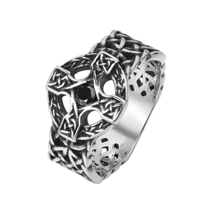 Vintage Stainless Steel Celtic Cross Ring For Men Black Rhinestone Inlaid Gothic Braided Oxidized Band Jewelry Gift