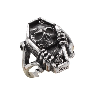 Retro gothic skull coffin ring for men with roses and bone hand motifs in vintage steel