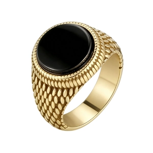 Anello vintage in titanio placcato oro con grande onice nera rotonda da uomo