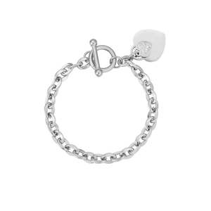 Close-up of silver toggle clasp chain bracelet with a sparkling heart pendant