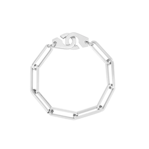 Detailed view of silver paperclip chain bracelet featuring a unique handcuff clasp