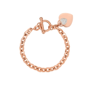 Detail of rose gold toggle clasp bracelet with layered pavé heart charm pendant