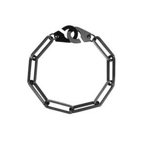 Detail of matte black stainless steel chain link bracelet with handcuff clasp design