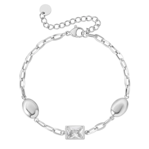 Minimalist silver chain bracelet with a rectangular zircon and metal bead details