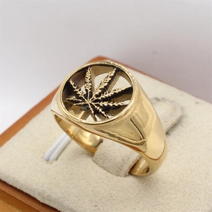 Retro hollow cannabis leaf stainless steel ring with gold plating and polished finish