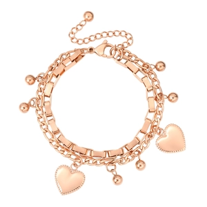 Minimalist double-layered rose gold stainless steel bracelet with heart charms and beads