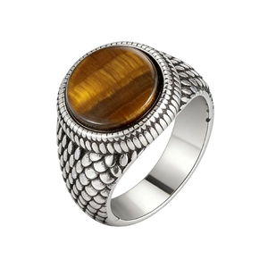 Anello vintage da uomo in acciaio al titanio con occhio di tigre tondo e trama a scaglie