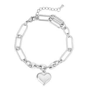 Women Stainless Steel Heart Pendant Bracelet Asymmetrical Paperclip Chain Adjustable Fashion Jewelry For Daily Dating Gift