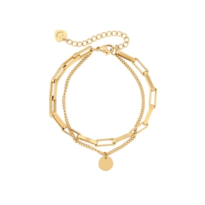 Detail eines zweischichtigen Gold-Titanstahlarmbands mit Smiley-Herz und Rundanhänger